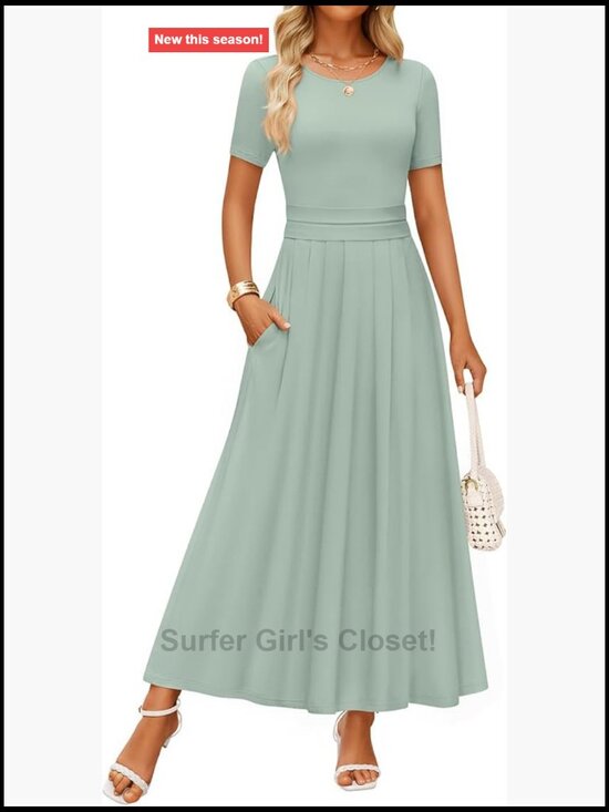 Dresses & Skirts - Flowy High Waist Midi A-Line Short Sleeve Maxi Dress with Pockets